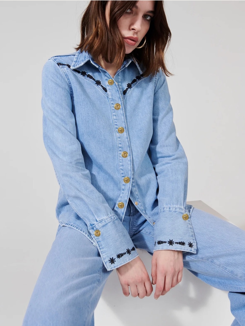 HAYLEY MENZIES Limited Ed. 
Cowgirl EMBROIDERED DENIM SHIRT VINt BLUE - XL - NWT
